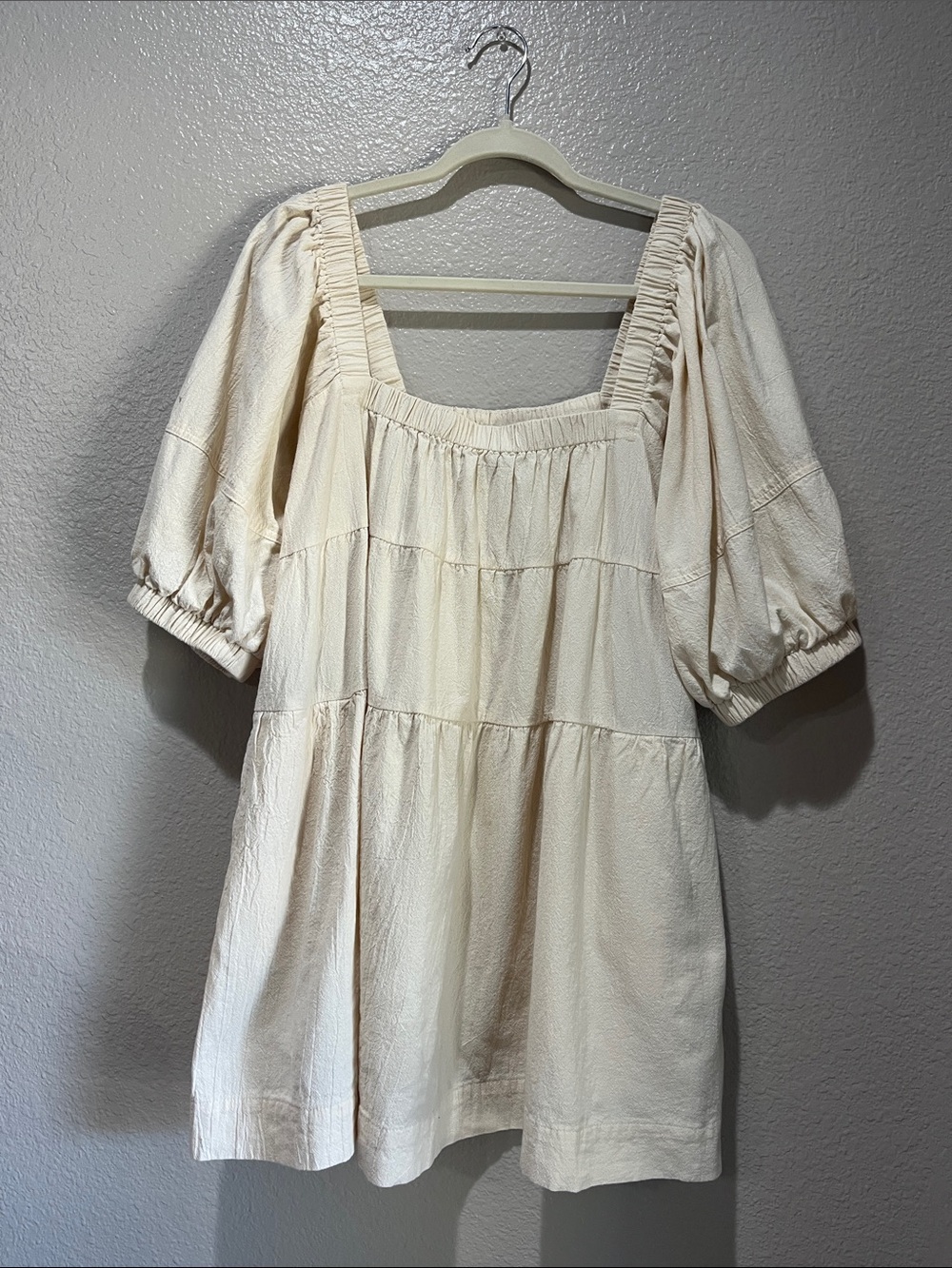 American Threads Cream Square-Neck Puff Sleeve Mini Dress Sz L Boho Chic
